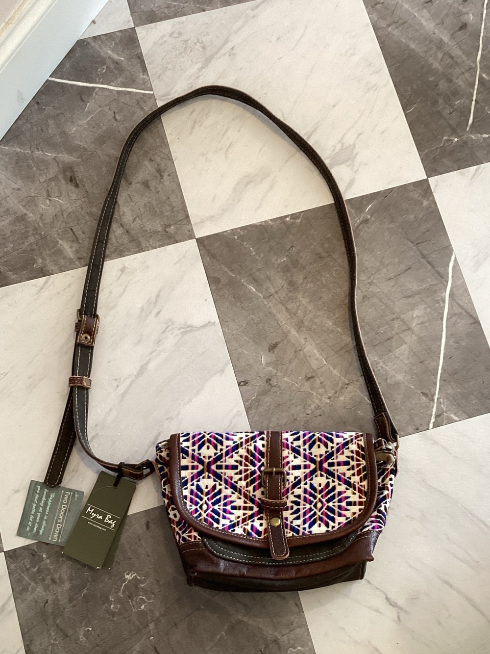 Myra Bag Brown Crossbody with Multicolor Geometric Flap